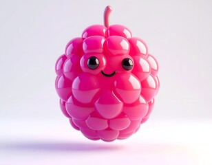 3D-rendered, pink berry with a cheerful cartoon face and stem