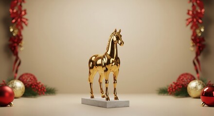 Celebrating Chinese New Year with a Luxurious Red and Gold Horse Decoration in a Festive Environment