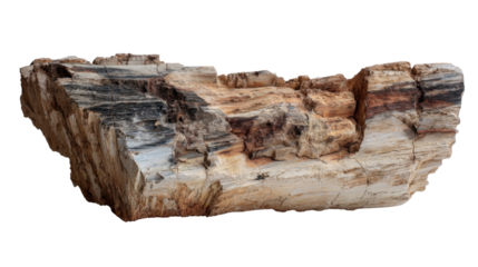 Petrified wood fossil showing rich texture and varying colors of ancient geological mineral formation, transparent background