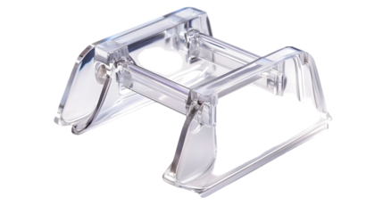 A clear plastic stand for holding objects on a white background