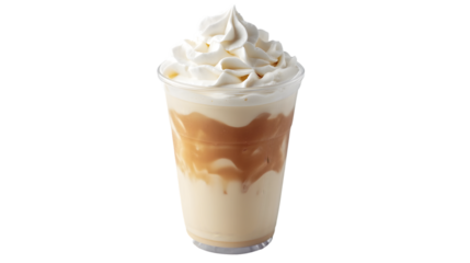 A delicious caramel macchiato with whipped cream in a clear cup