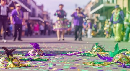 Mardi Gras parade in New Orleans, with colorful masks and beads on the ground.