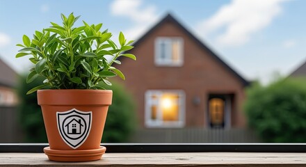 A potted plant with a shield symbol on it, placed on a wooden table in front of a house with a green lawn and a blue sky with white clouds.