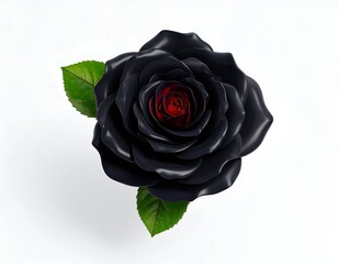 Rendered black rose with red center and green leaves on white background