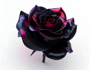 Glossy, iridescent rose with black petals and red core on white