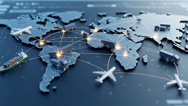 Global Network of Logistics: A visually compelling representation of global trade and logistics, with interconnected lines mapping out transportation routes across the continents.
