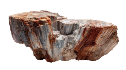 Petrified wood fossil showing natural geology, ancient tree trunk converting into mineral stone, transparent background