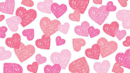 クレヨンタッチのかわいいハートをちりばめた背景素材/ピンク