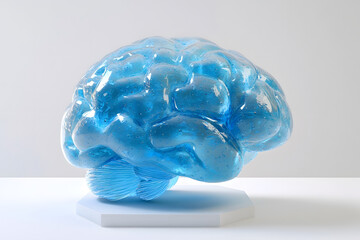 Translucent blue brain model on white platform.