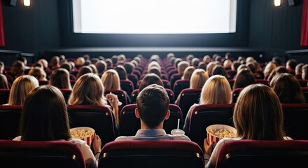 People watching a movie in a dark theater with popcorn in their hands.