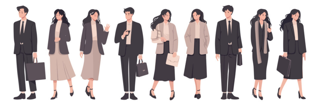 Zestaw ilustracji ludzi biznesu w formalnych strojach, styl wektorowy z przezroczystym tłem.