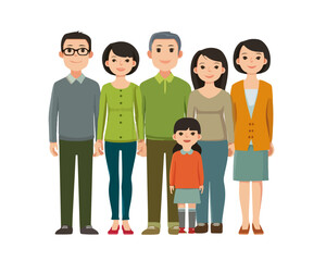 Obraz premium Wielopokoleniowa rodzina azjatycka stojąca razem na przezroczystym tle, ilustracja wektorowa relacji międzyludzkich.