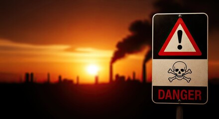 A warning sign with a skull and crossbones symbol and the word 'Danger' against a sunset background.