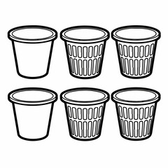Black Outline Vector Set of Six Trash Bins, Including Solid and Perforated Styles, Representing Garbage Containers or Laundry Baskets.