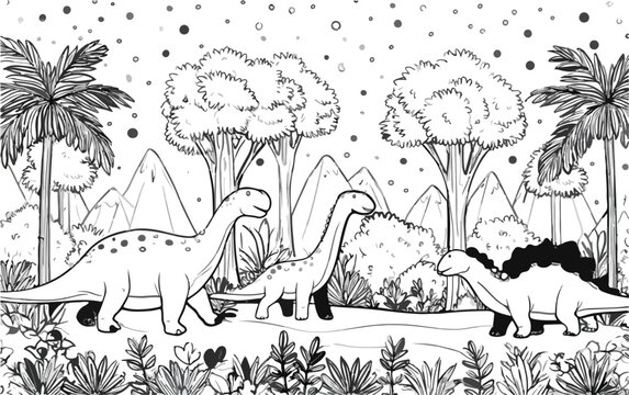 Ilustracja konturowa z dinozaurami i bujną roślinnością prehistorycznego krajobrazu, idealna do kolorowania.
