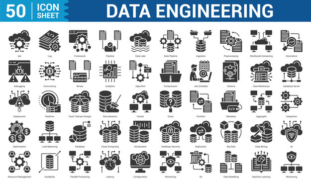 Data Engineering glyph style icon set concept log, framework, pipeline, data lake, data pipeline, ingestion, preprocessing, and more. Illustration Eps 10