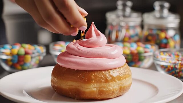 A close-up view captures the delightful moment of a sweet glazed pastry being artfully decorated with vibrant pink frosting, piped in an elegant swirl to create a tempting dessert. In the softly blurr