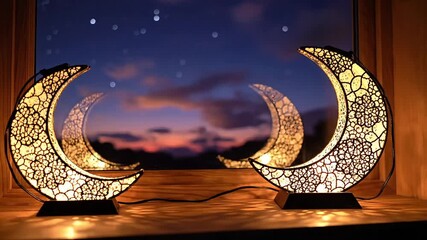 Crescent moon lamps illuminating a serene night sky with stars and a peaceful landscape view from indoors - Powered by Adobe