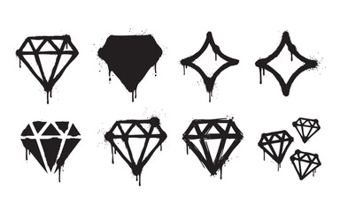 Set of black spray paint graffiti diamond gemstones and sparkle shapes including outlines, solid silhouettes, and clusters © trianatio