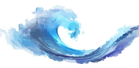 Akwarelowa ilustracja dużej, niebieskiej fali morskiej na białym tle, idealna do projekt&oacute;w graficznych.