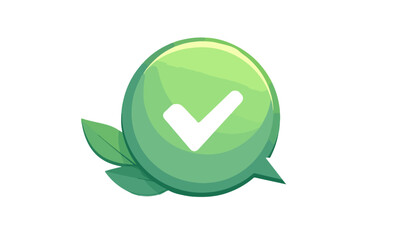 Zielona ikona dymku z białym znakiem wyboru i liśćmi, symbol akceptacji na białym tle.