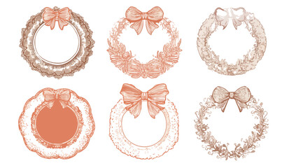 Zestaw sześciu ozdobnych, koronkowej ramy wiank&oacute;w z kokardami, idealne do zaproszeń ślubnych.