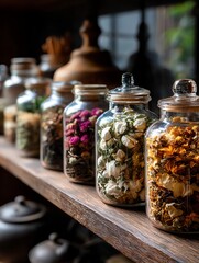 Assortment of Dried Herbal Teas in Glass Jars on Rustic Shelf