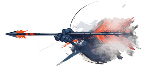 Ręka trzymająca nowoczesną strzałę z dynamicznym, kolorowym pi&oacute;ropuszem na przezroczystym tle.