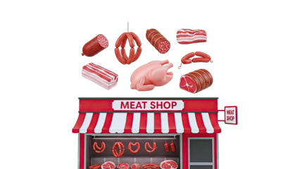 Meat Shop Display with Assorted Meats and Butcher Storefront