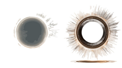 Dwa abstrakcyjne, stylizowane obrazy zaćmienia Słońca lub pierścienia z promieniami na białym tle.