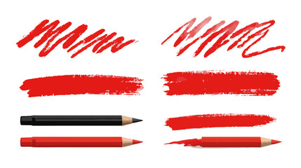 Zestaw ręcznie rysowanych czerwonych pociągnięć pędzlem i oł&oacute;wkami na przezroczystym tle, izolowane elementy graficzne.