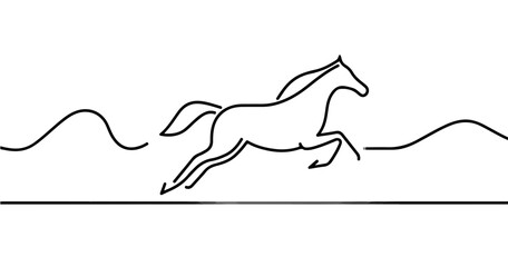Minimalistyczna, czarno-biała linia graficzna przedstawiająca galopującego konia na przezroczystym tle.