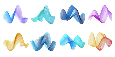 Zestaw ośmiu abstrakcyjnych, falujących wstęg w r&oacute;żnych kolorach na przezroczystym tle, idealny do tła.