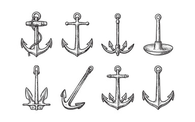 nautical anchor illustrations in various vintage styles including classic, admiralty © trianatio