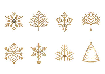 Złote, stylizowane symbole świąteczne i zimowe, takie jak płatki śniegu i drzewka, na przezroczystym tle.