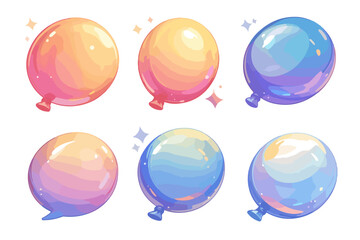 Zestaw sześciu kolorowych, błyszczących balon&oacute;w z gradientem, idealnych na imprezę, z przezroczystym tłem.