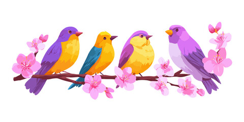 Cztery kolorowe ptaki siedzące na gałęzi kwitnącej wiśni z przezroczystym tłem.