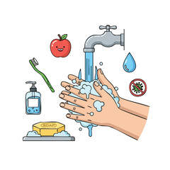 Illustration of hands washing under a faucet with soap, surrounded by hygiene products and a germ-free icon against a clean white background.