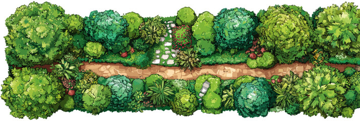 Widok z lotu ptaka na alejkę ogrodową otoczoną zielonymi krzewami i drzewami na przezroczystym tle.