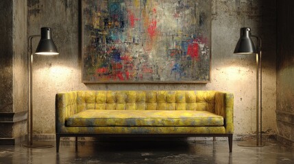 Modern living room interior with abstract artwork and stylish yellow sofa