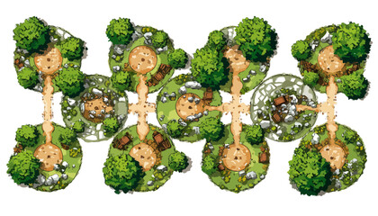 Widok z lotu ptaka na bajkowe wyspy połączone ścieżkami, idealne do gry mobilnej.