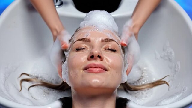Serene Hair Wash: Experience the ultimate in relaxation as a woman enjoys a blissful hair wash in a salon setting, complete with soothing shampoo and professional care.