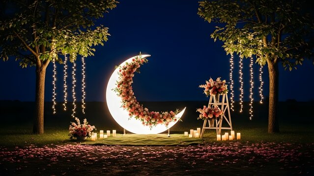 Enchanting nighttime outdoor wedding ceremony setup featuring a luminous crescent moon adorned with pink and white floral arrangements beneath string lights.