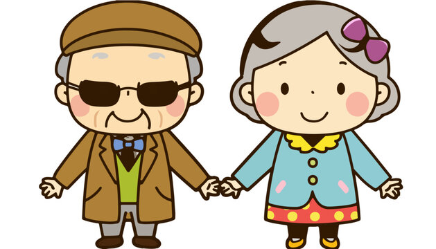 Illustration mignonne d'un couple de personnes &acirc;g&eacute;es souriantes se tenant la main, symbolisant l'amour durable et la compagnie.