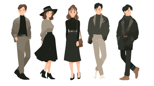 Illustration de mode avec cinq personnages divers, hommes et femmes, v&ecirc;tus de tenues &eacute;l&eacute;gantes aux couleurs neutres, sur fond blanc.