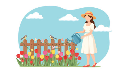 Flat vector illustration of a woman watering spring tulips in a home garden, peaceful outdoor lifestyle scene with flowers, nature, and seasonal gardening concept in solid colors