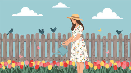 Flat vector illustration of a woman watering spring tulips in a home garden, peaceful outdoor lifestyle scene with flowers, nature, and seasonal gardening concept in solid colors
