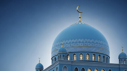 Obraz premium Beautiful blue mosque dome with crescent moon against a twilight sky
