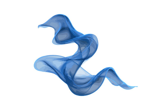 Un &eacute;l&eacute;gant tissu bleu transparent et fluide s'enroule gracieusement dans l'air, cr&eacute;ant une forme abstraite et dynamique sur un fond blanc pur.