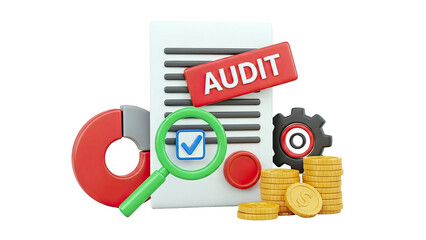 Audit Concept: Document, Magnifying Glass, Coins, Gear, Pie Chart